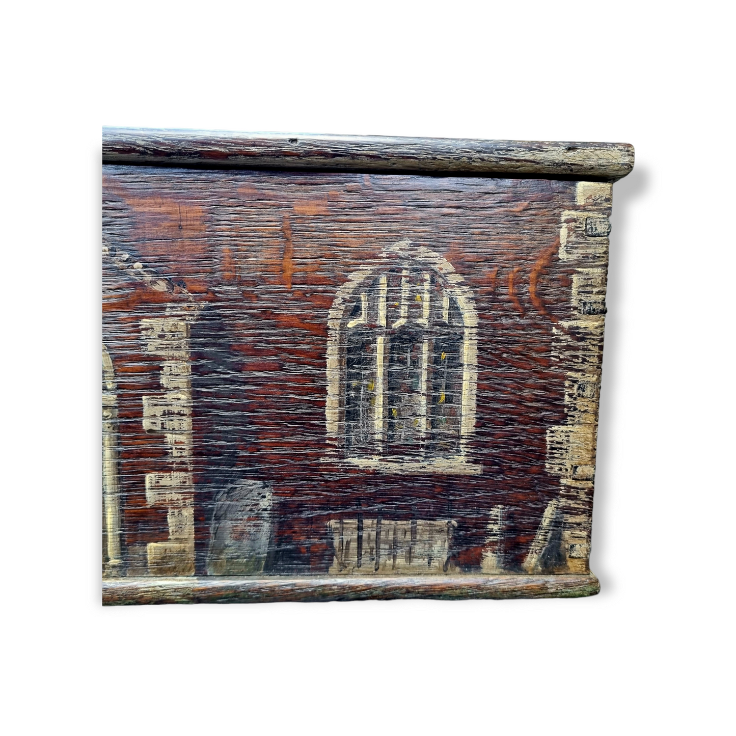 Early 19th Century English Antique Oak Boarded Box With Folk Art Painted Gothic Scene