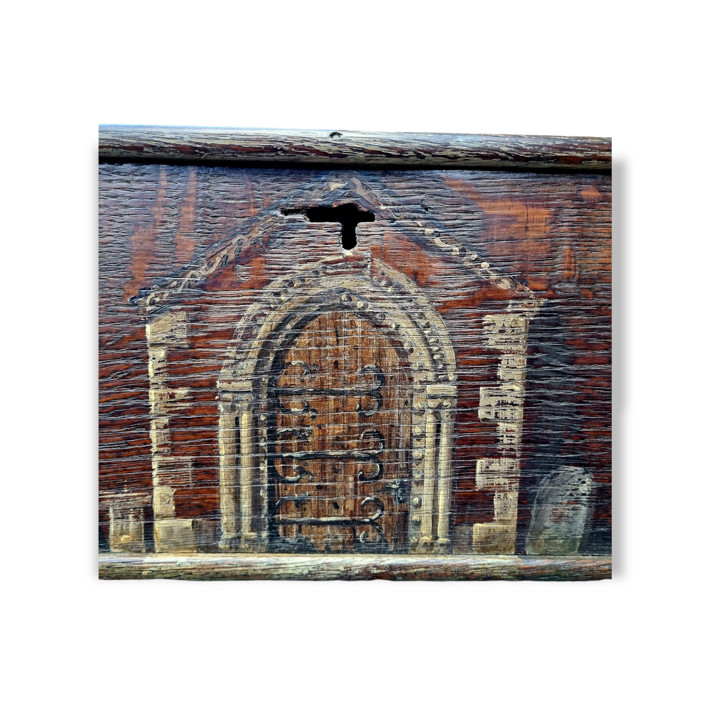 Early 19th Century English Antique Oak Boarded Box With Folk Art Painted Gothic Scene