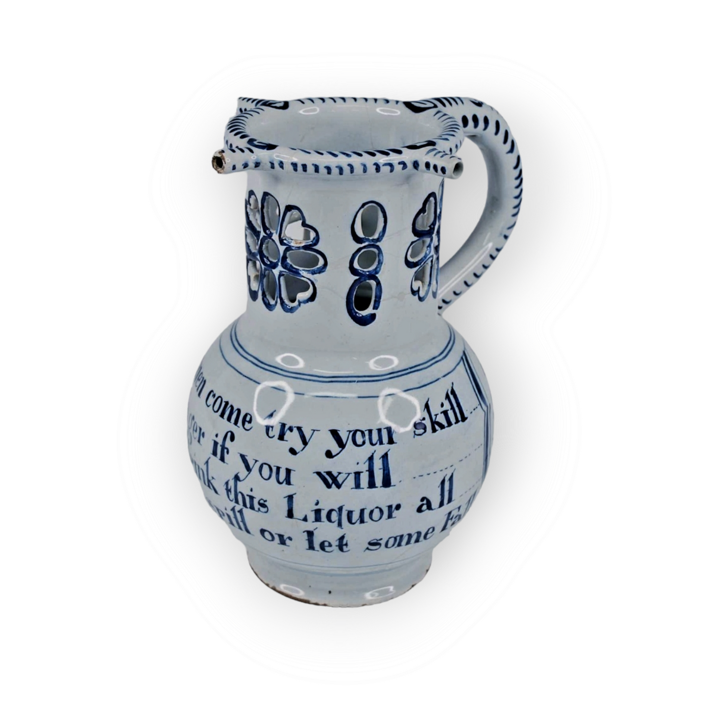 Mid 18thC English Antique Blue & White Delftware Puzzle Jug, Attributed to Liverpool, Circa 1765