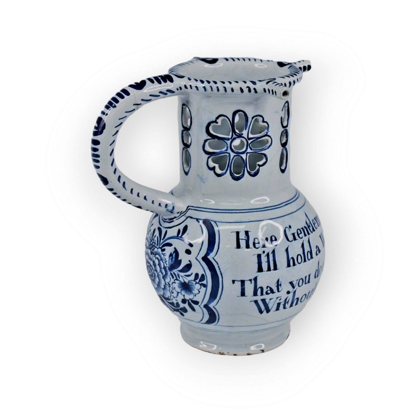 Mid 18thC English Antique Blue & White Delftware Puzzle Jug, Attributed to Liverpool, Circa 1765