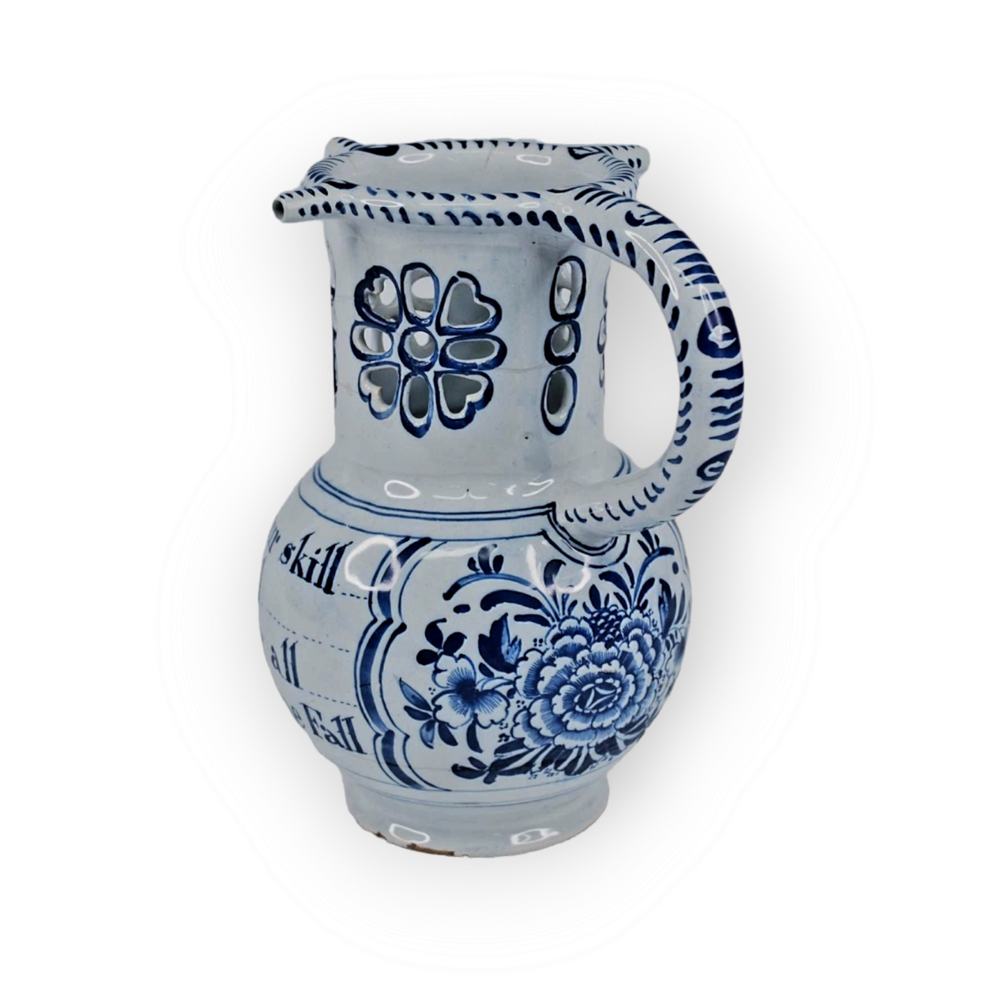 Mid 18thC English Antique Blue & White Delftware Puzzle Jug, Attributed to Liverpool, Circa 1765