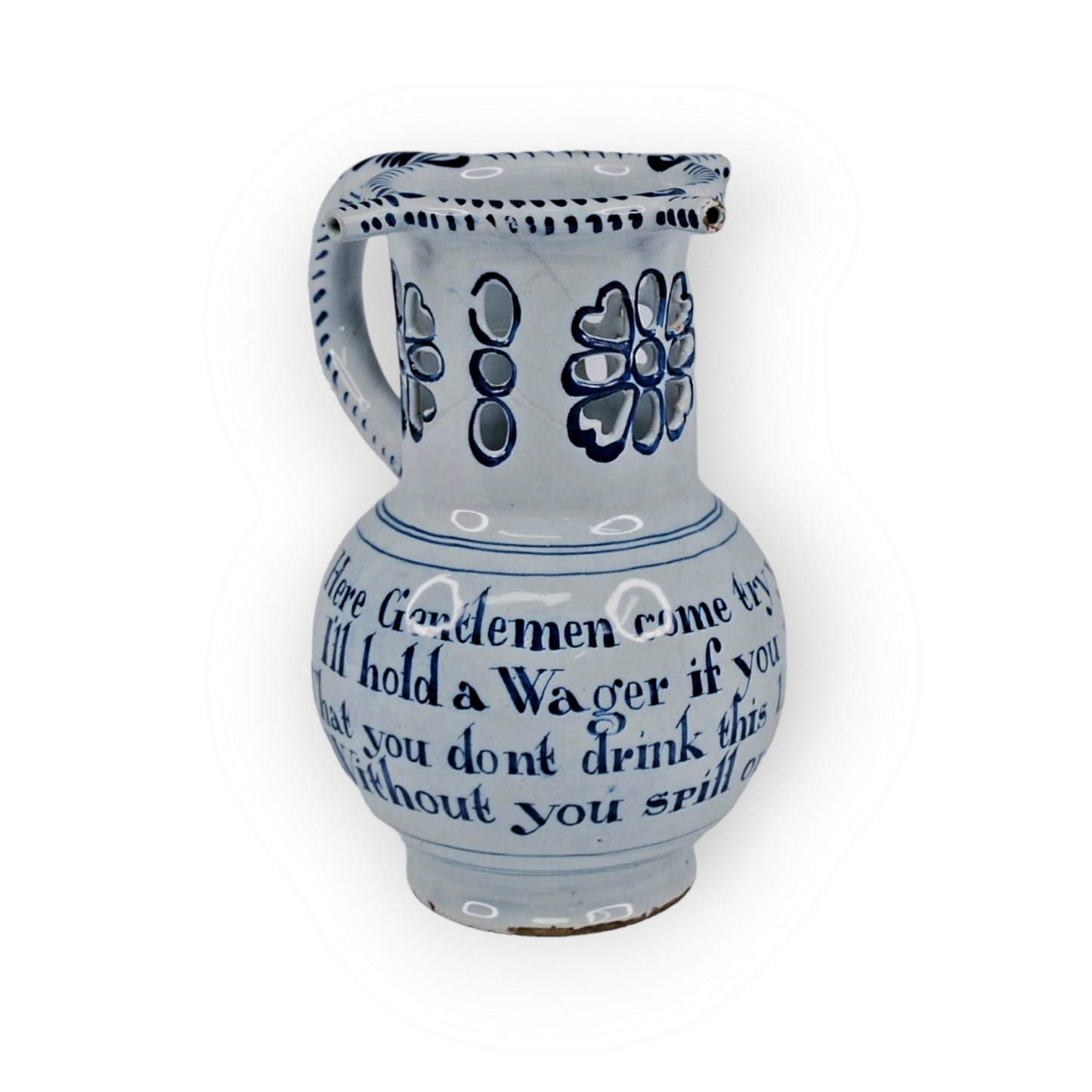 Mid 18thC English Antique Blue & White Delftware Puzzle Jug, Attributed to Liverpool, Circa 1765