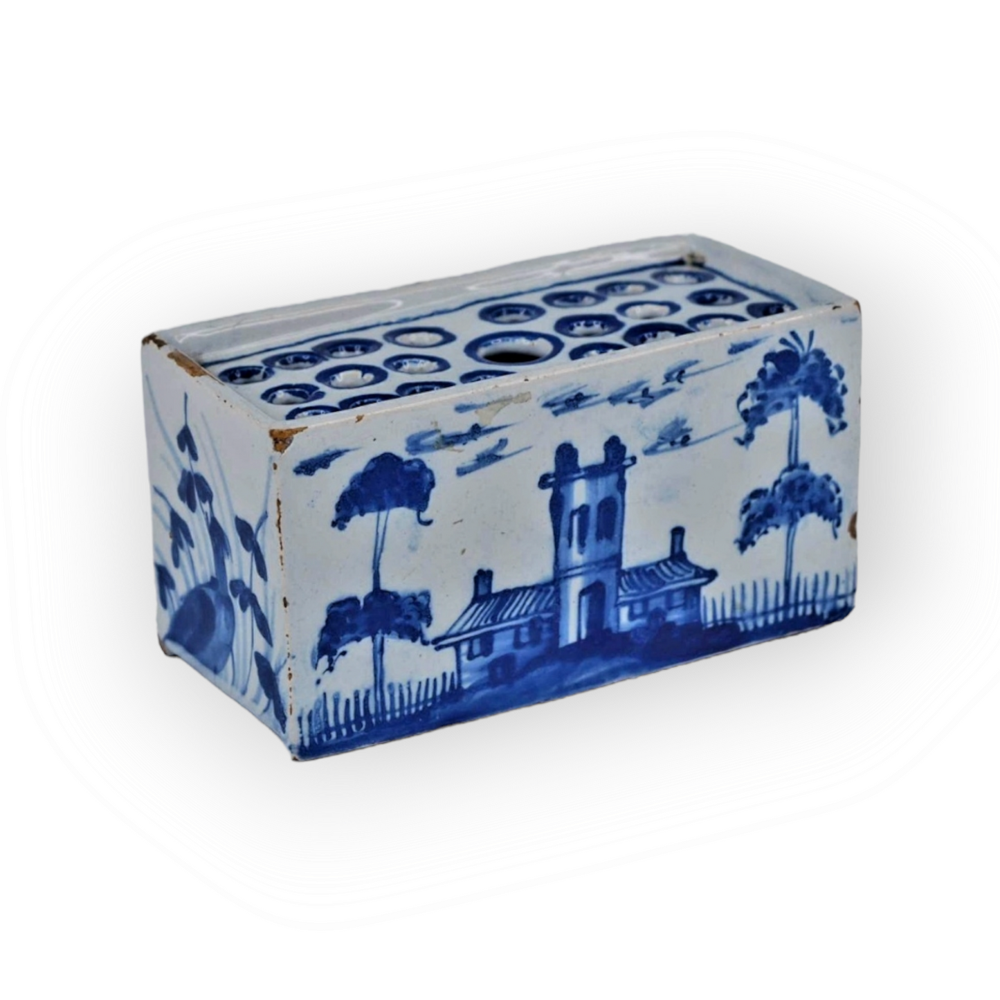 Mid 18thC English Antique Blue & White Delftware Flower Brick, Attributed to Liverpool, Circa 1760