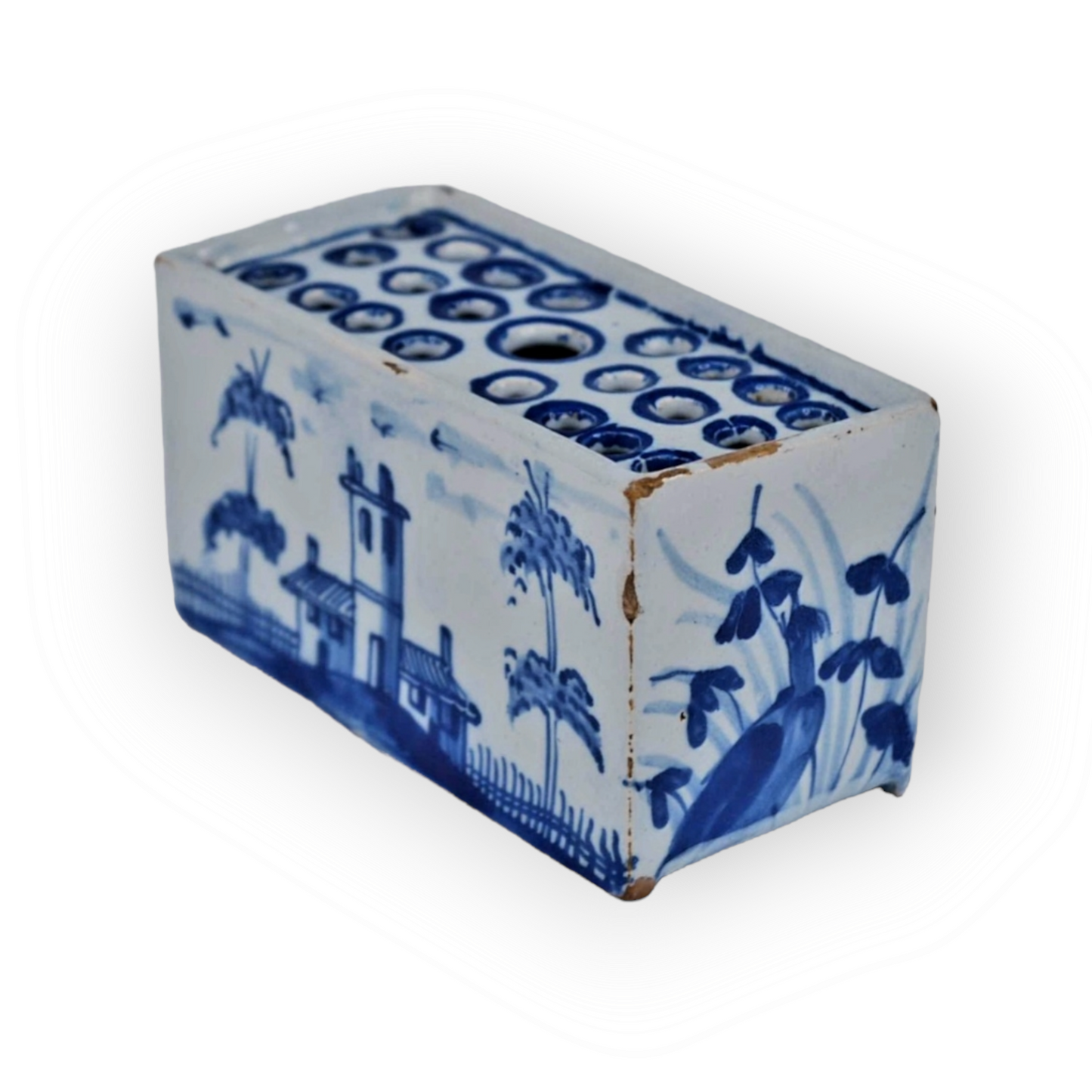 Mid 18thC English Antique Blue & White Delftware Flower Brick, Attributed to Liverpool, Circa 1760