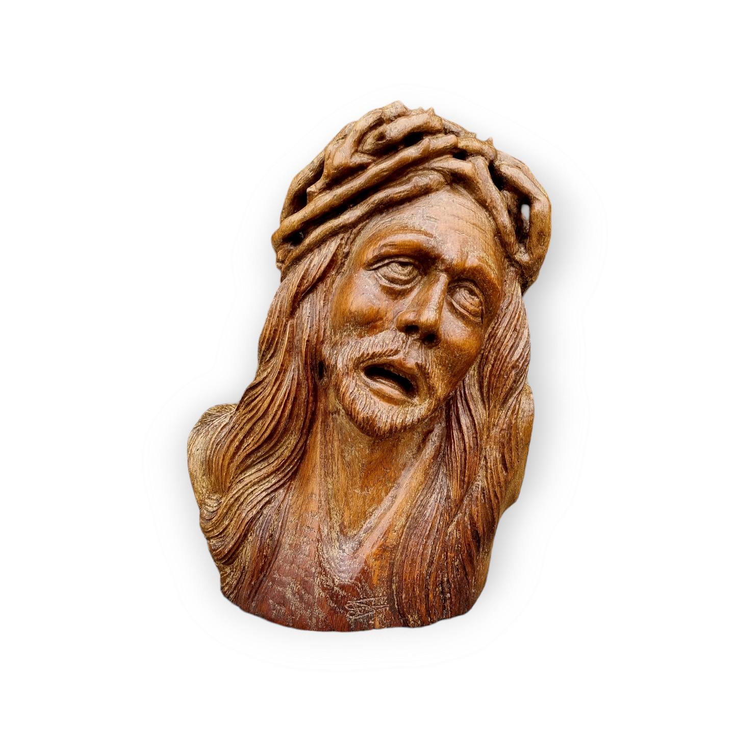 15th Century Flemish Carved Wooden Head of Christ – Life-size Sculpture with Crown of Thorns