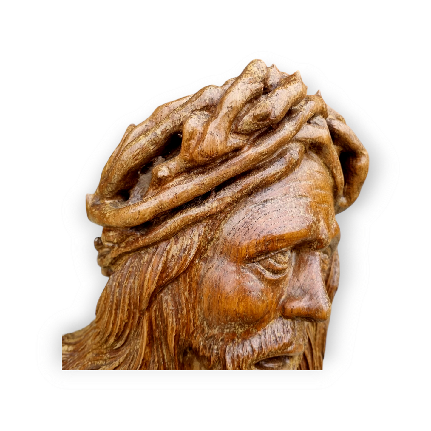 15th Century Flemish Carved Wooden Head of Christ – Life-size Sculpture with Crown of Thorns
