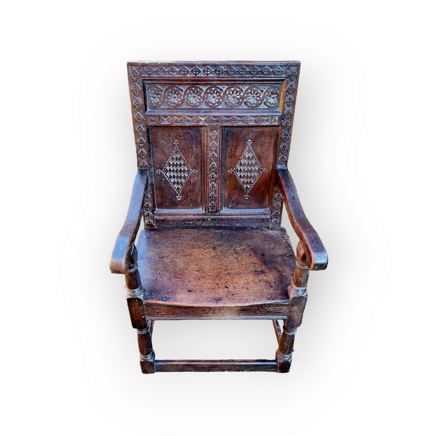 17th Century English Antique Oak Wainscot Armchair – Carved Panel Back