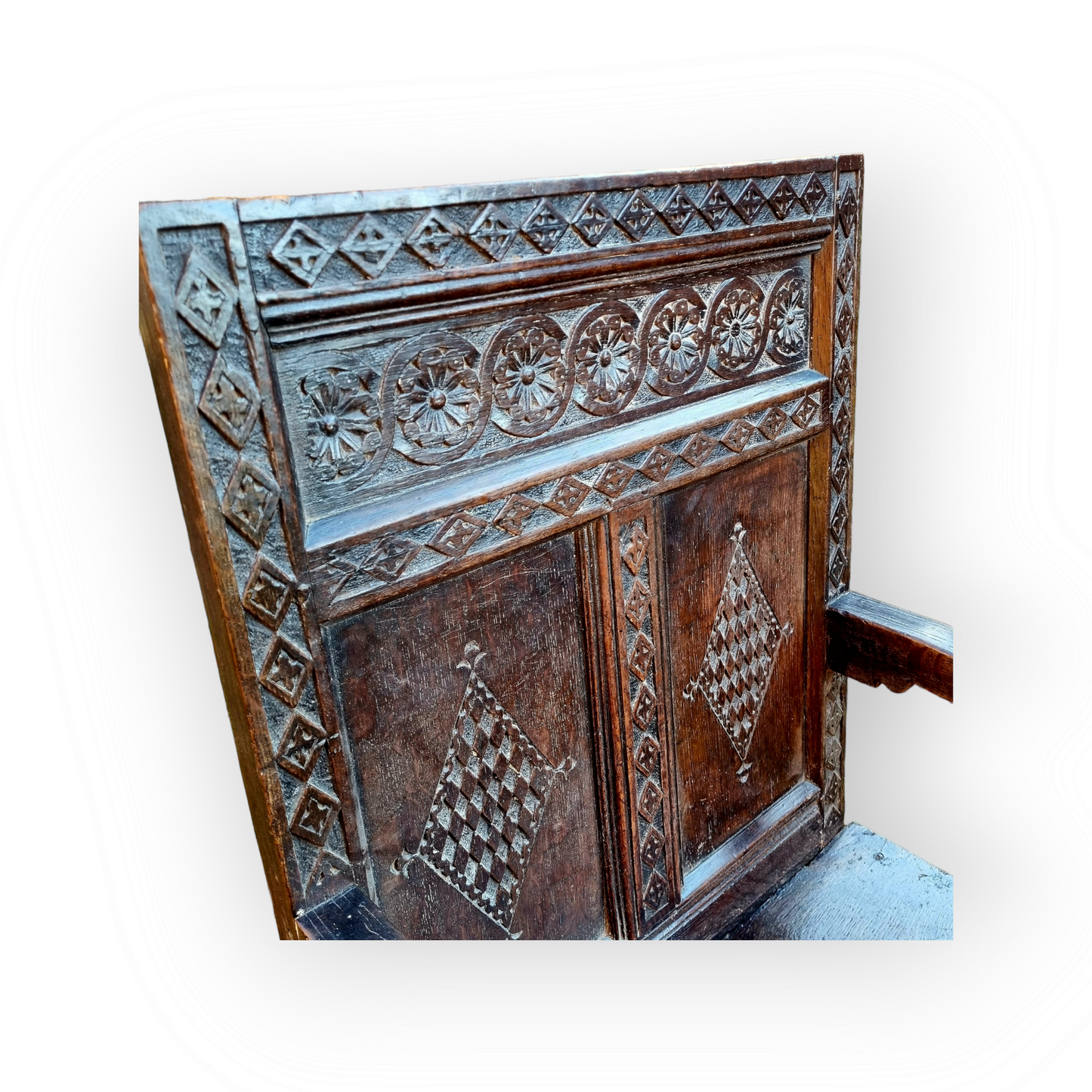 17th Century English Antique Oak Wainscot Armchair – Carved Panel Back