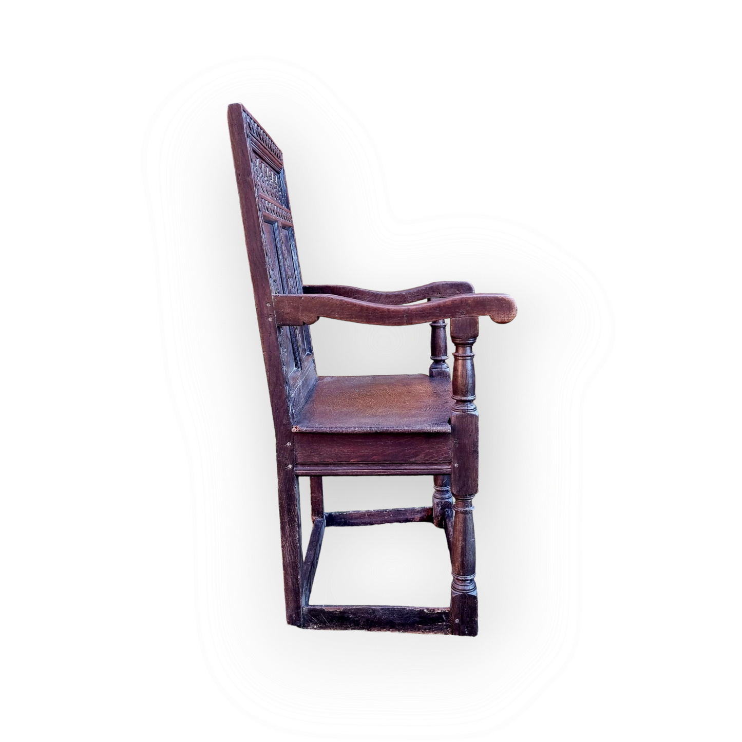 17th Century English Antique Oak Wainscot Armchair – Carved Panel Back