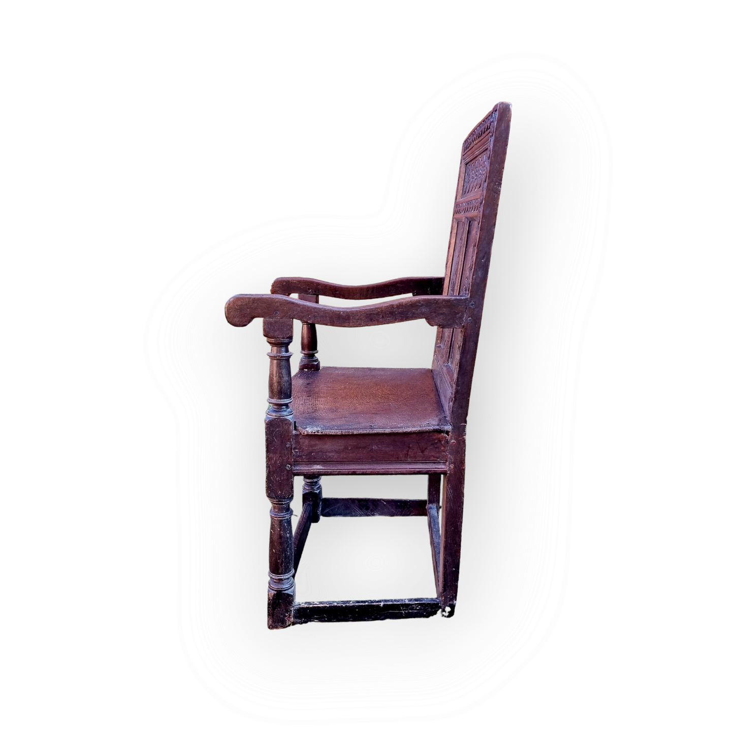 17th Century English Antique Oak Wainscot Armchair – Carved Panel Back