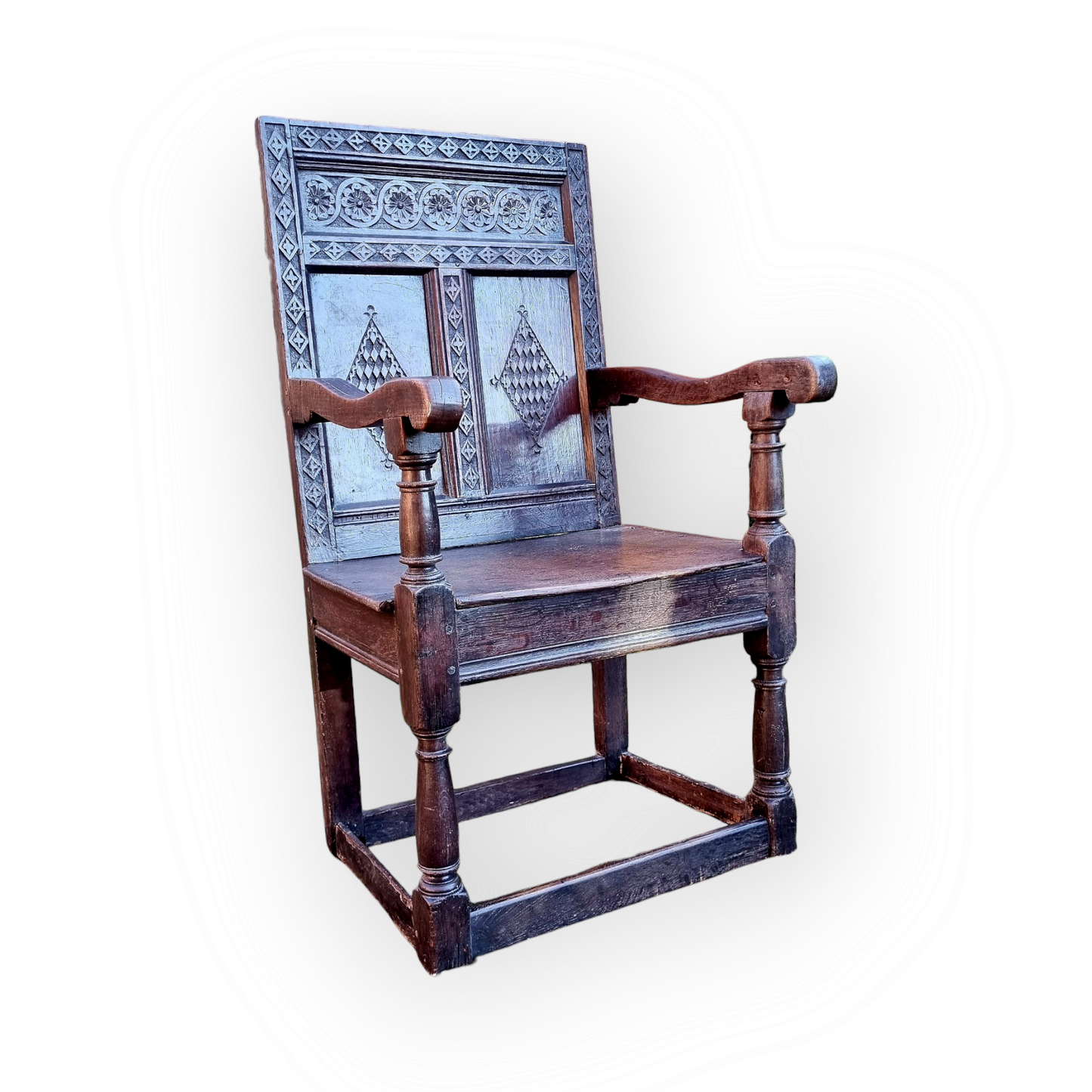 17th Century English Antique Oak Wainscot Armchair – Carved Panel Back