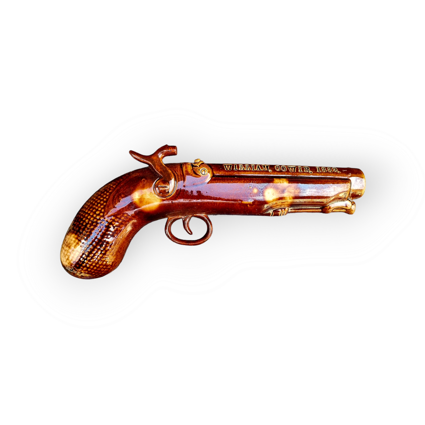 19th Century English Antique Salt-glazed Stoneware Pottery Pistol-Shaped Whisky Flask Dated 1882