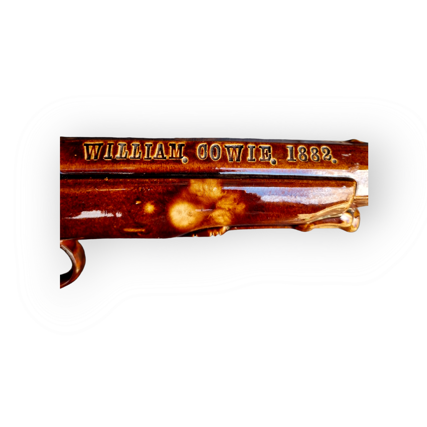 19th Century English Antique Salt-glazed Stoneware Pottery Pistol-Shaped Whisky Flask Dated 1882