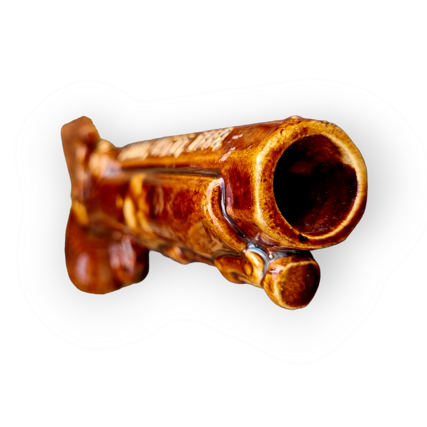 19th Century English Antique Salt-glazed Stoneware Pottery Pistol-Shaped Whisky Flask Dated 1882
