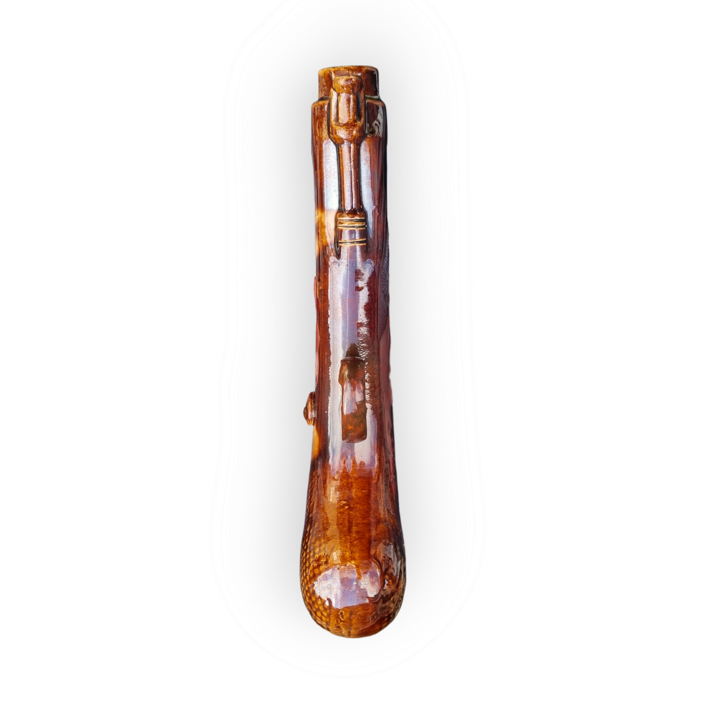 19th Century English Antique Salt-glazed Stoneware Pottery Pistol-Shaped Whisky Flask Dated 1882