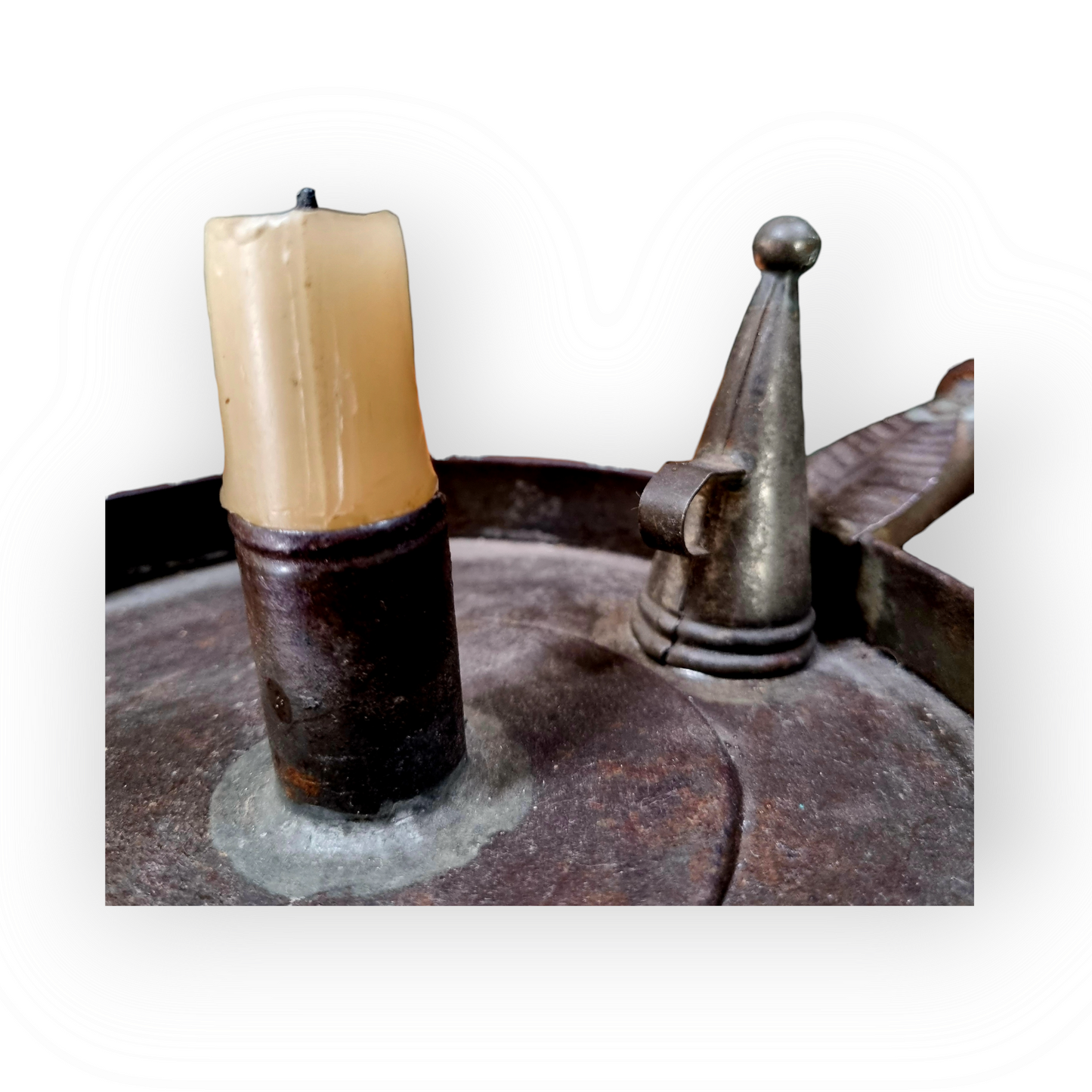 19th Century English Antique Toleware Chamberstick With Turned Wooden Handle and Candlesnuffer