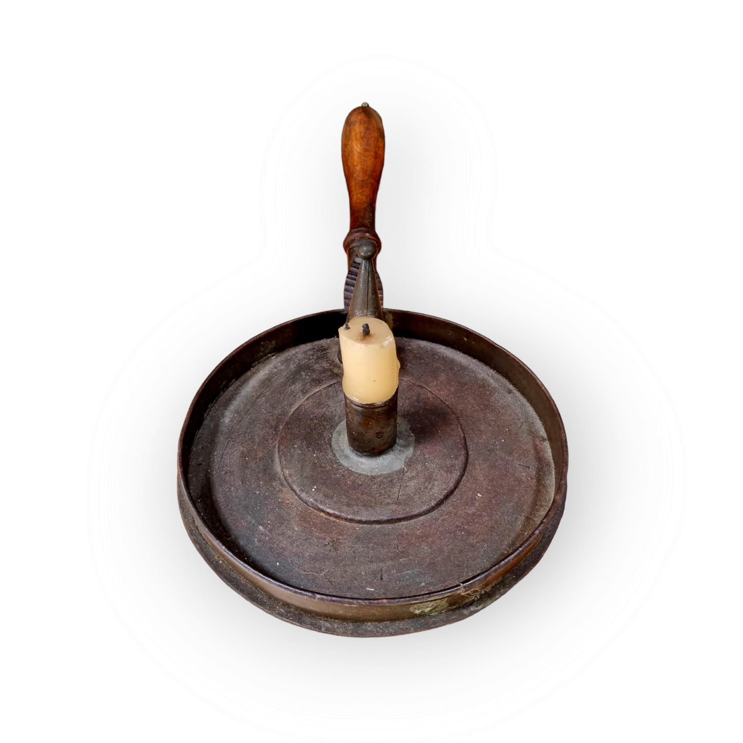 19th Century English Antique Toleware Chamberstick With Turned Wooden Handle and Candlesnuffer