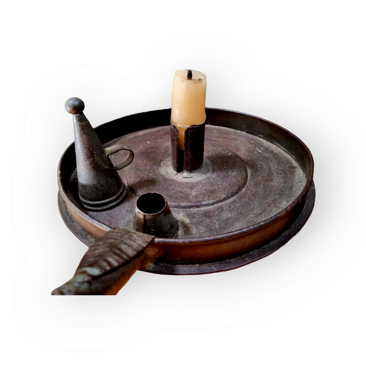 19th Century English Antique Toleware Chamberstick With Turned Wooden Handle and Candlesnuffer