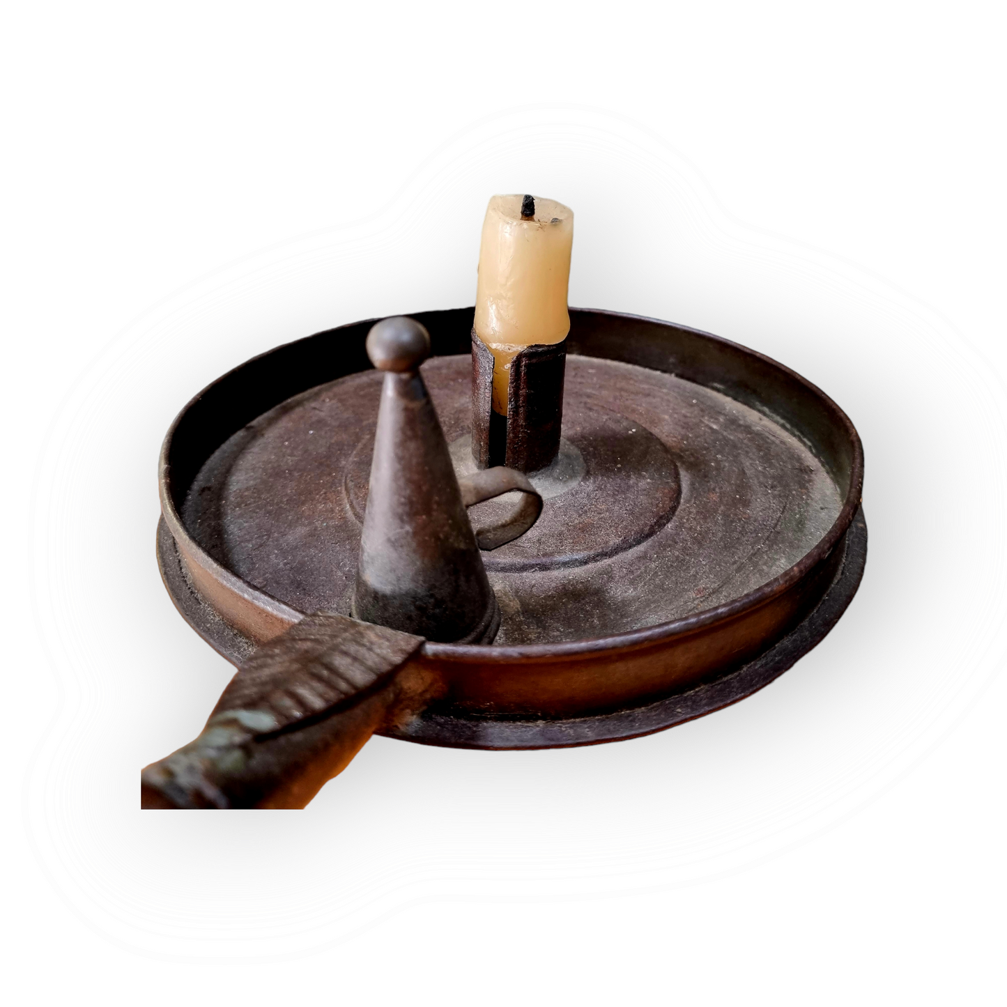 19th Century English Antique Toleware Chamberstick With Turned Wooden Handle and Candlesnuffer