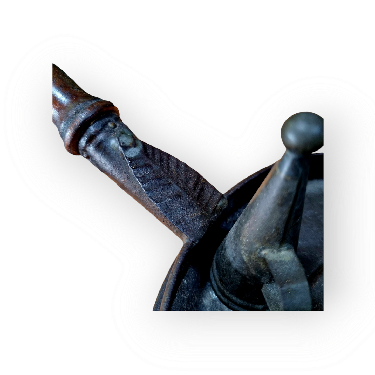 19th Century English Antique Toleware Chamberstick With Turned Wooden Handle and Candlesnuffer