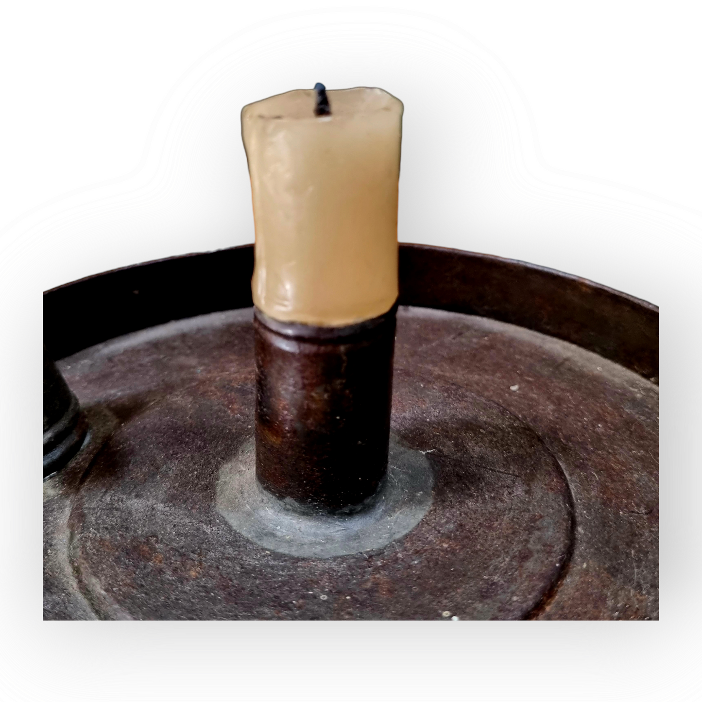 19th Century English Antique Toleware Chamberstick With Turned Wooden Handle and Candlesnuffer