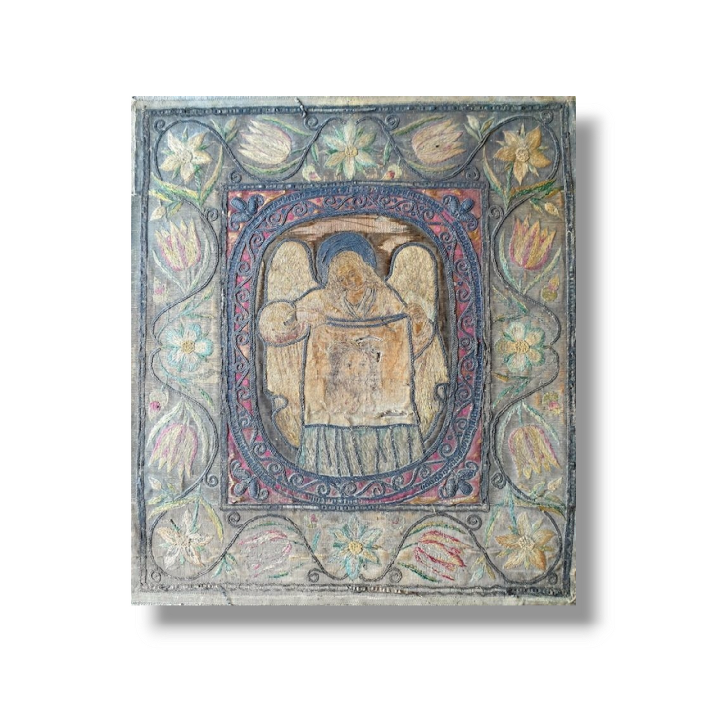Early 17th Century English Antique Embroidered Panel Depicting an Angel Holding a Shroud with the Image of Christ
