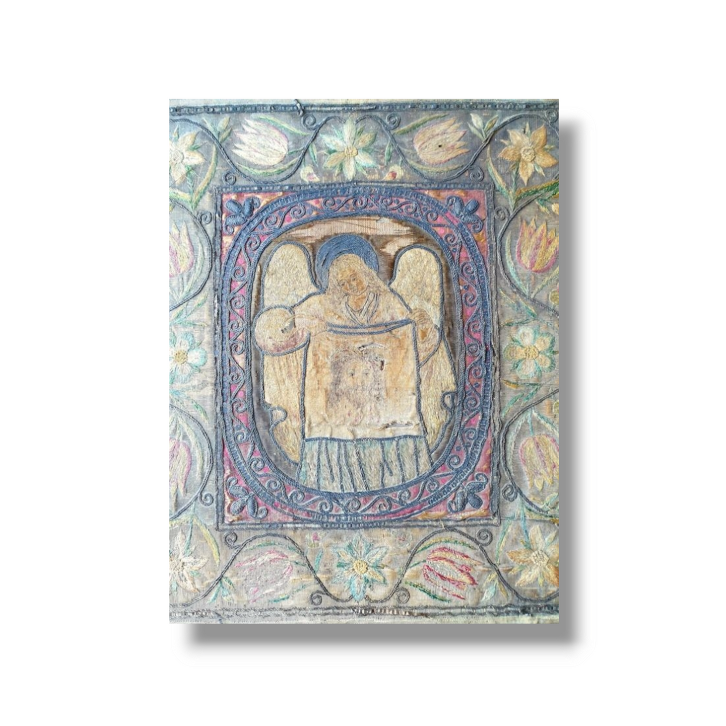 Early 17th Century English Antique Embroidered Panel Depicting an Angel Holding a Shroud with the Image of Christ
