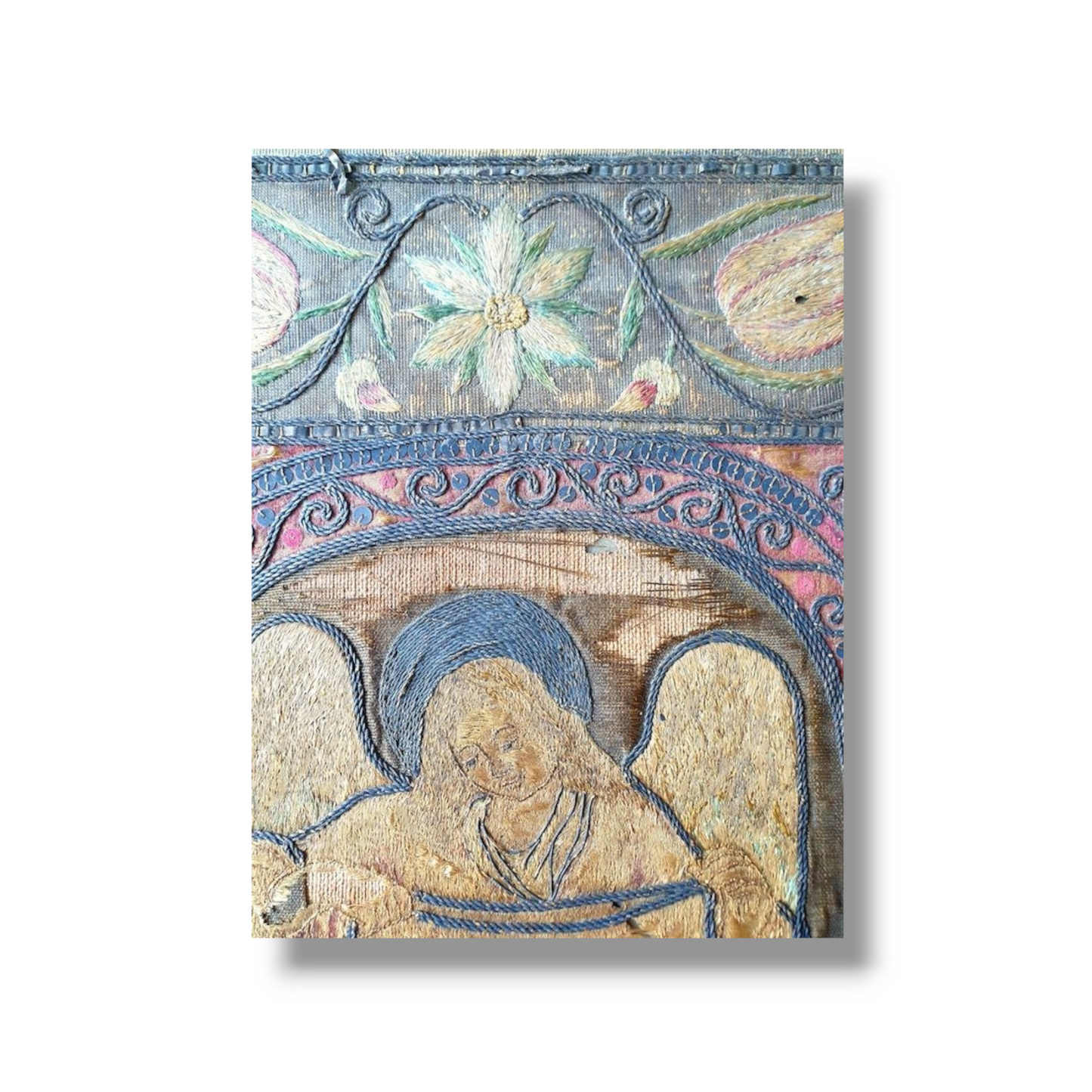 Early 17th Century English Antique Embroidered Panel Depicting an Angel Holding a Shroud with the Image of Christ