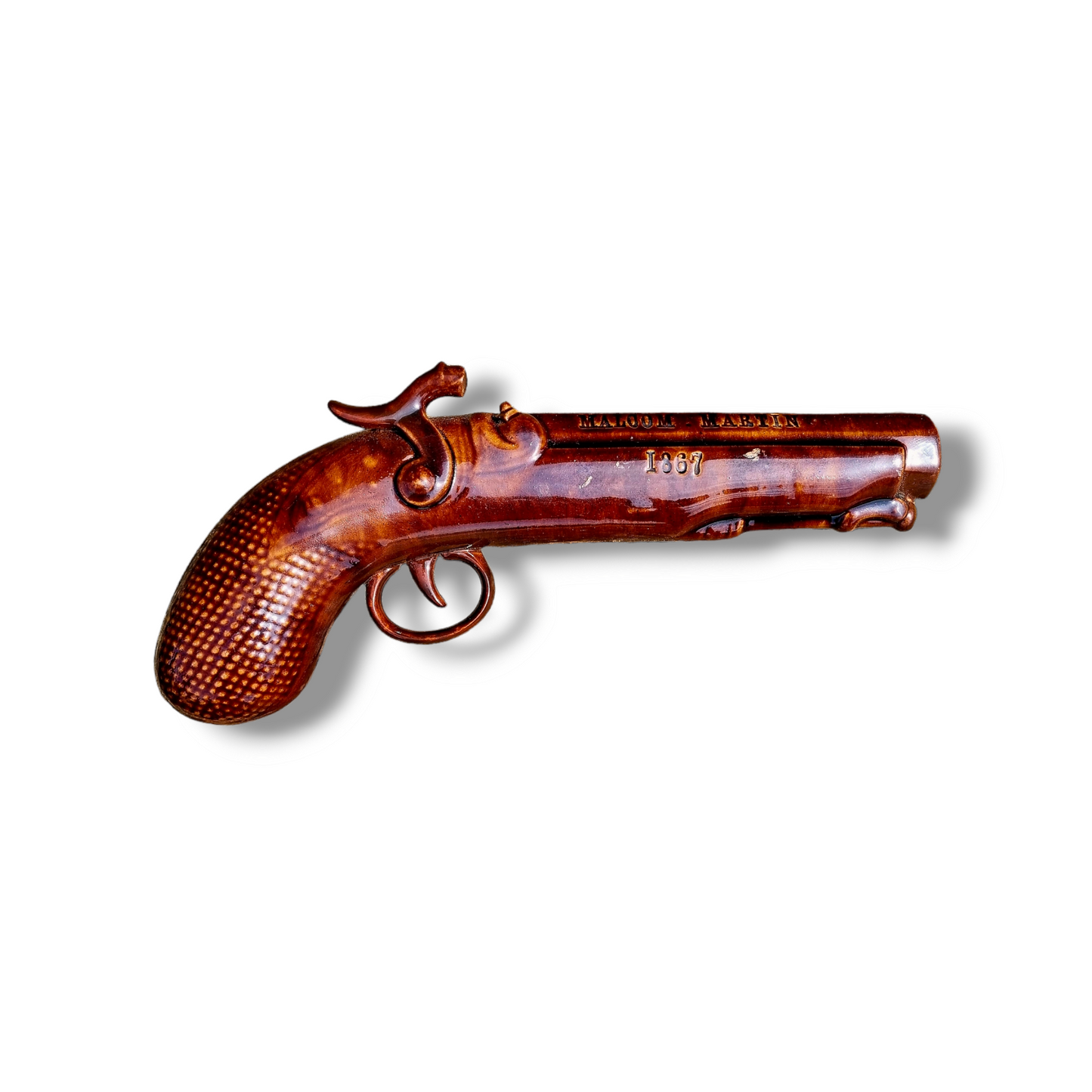 19th Century English Antique Salt-glazed Stoneware Pottery Pistol-Shaped Whisky Flask Dated 1867