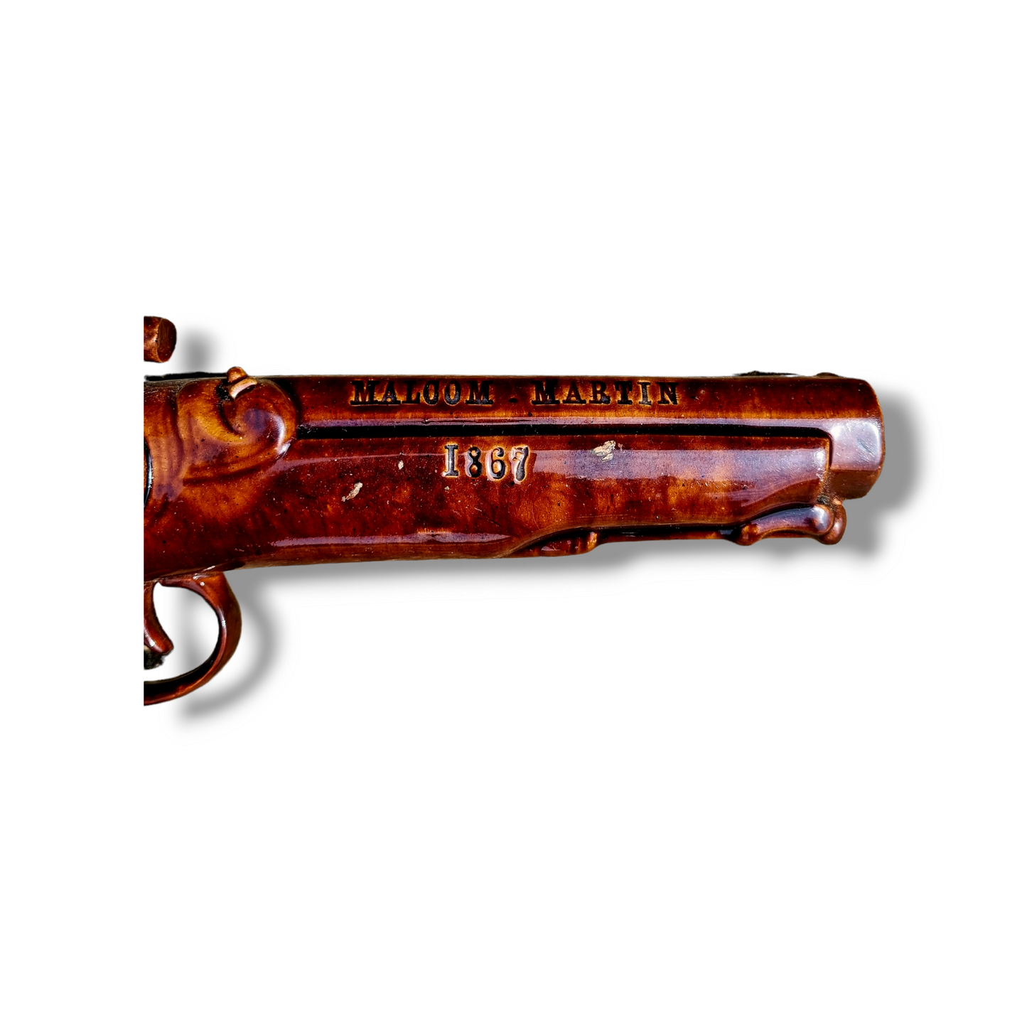 19th Century English Antique Salt-glazed Stoneware Pottery Pistol-Shaped Whisky Flask Dated 1867