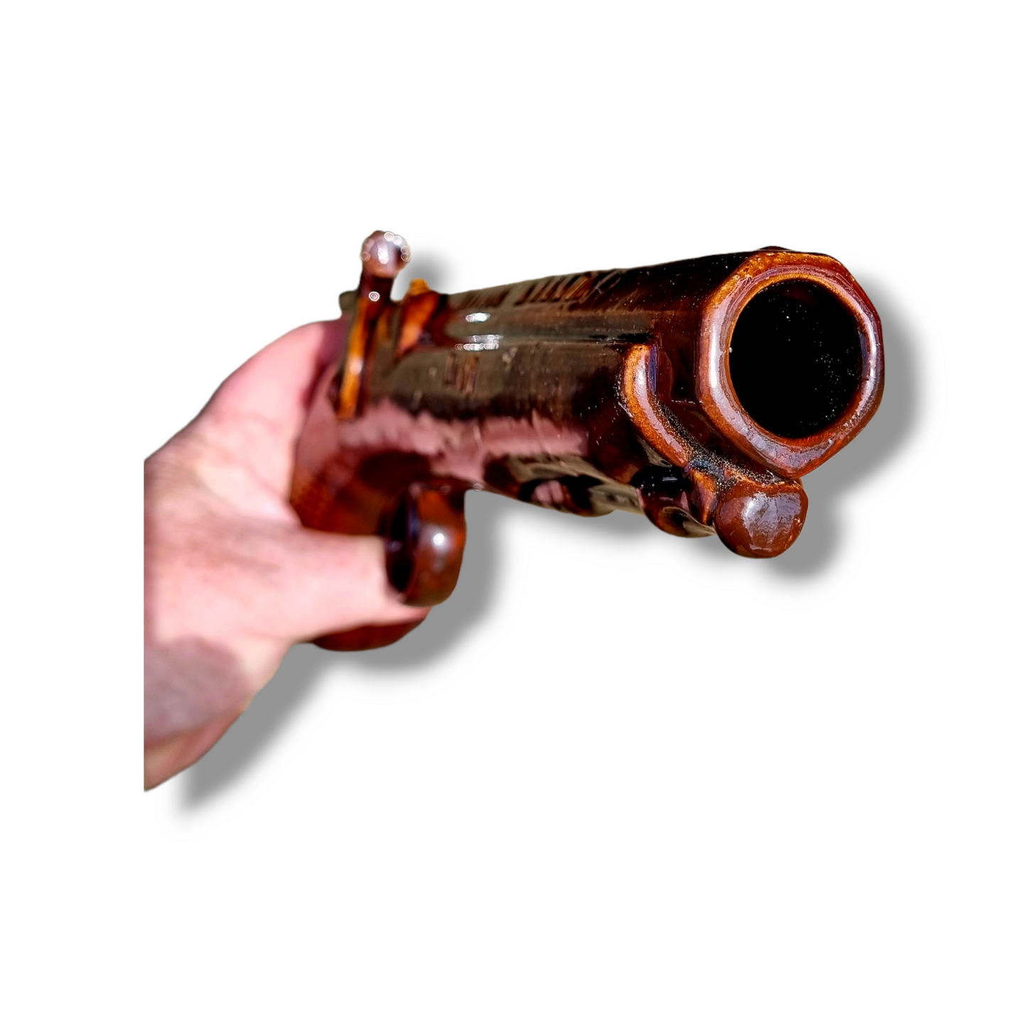 19th Century English Antique Salt-glazed Stoneware Pottery Pistol-Shaped Whisky Flask Dated 1867