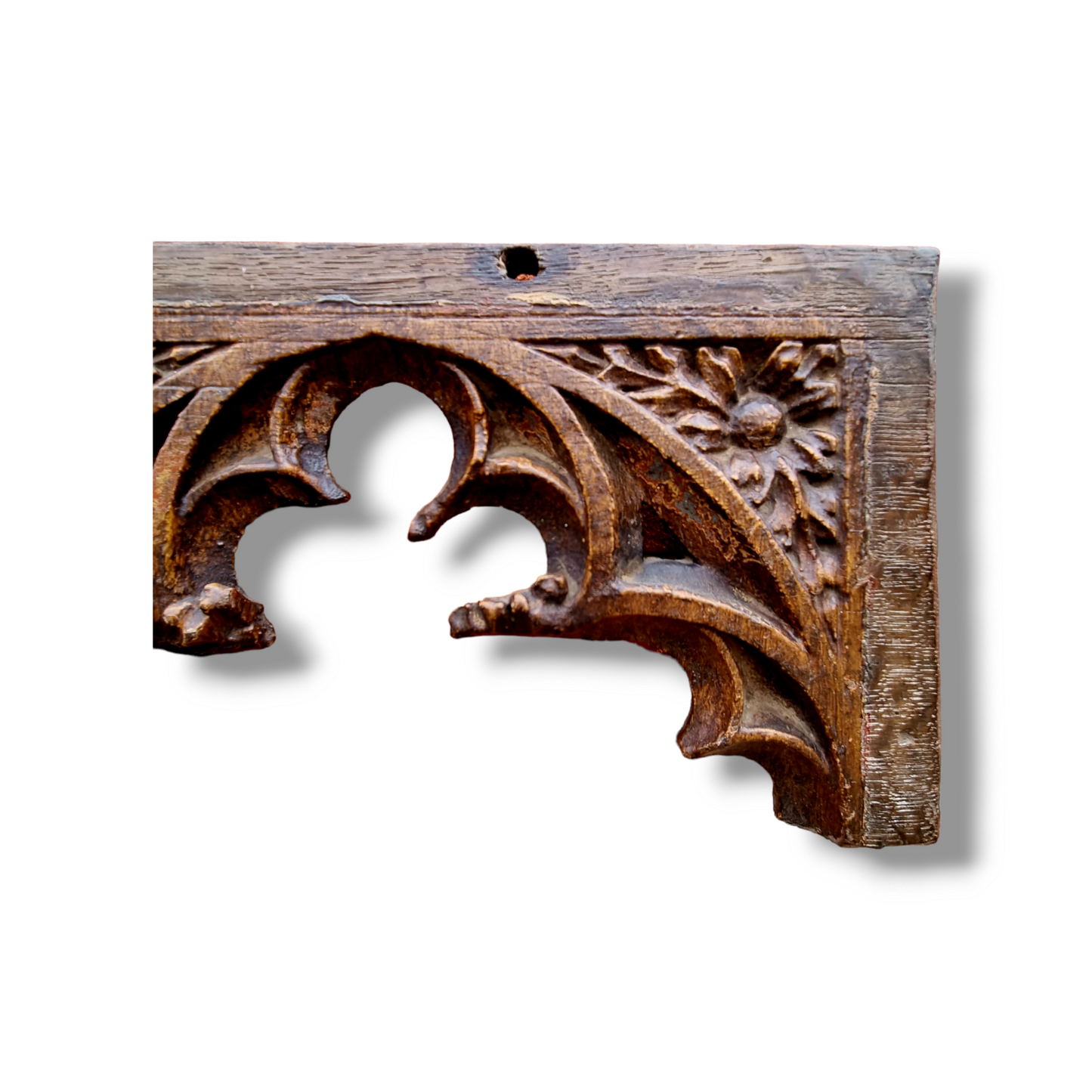 15thC English Antique Carved Oak Gothic Tracery Fragment Or Tracery Head