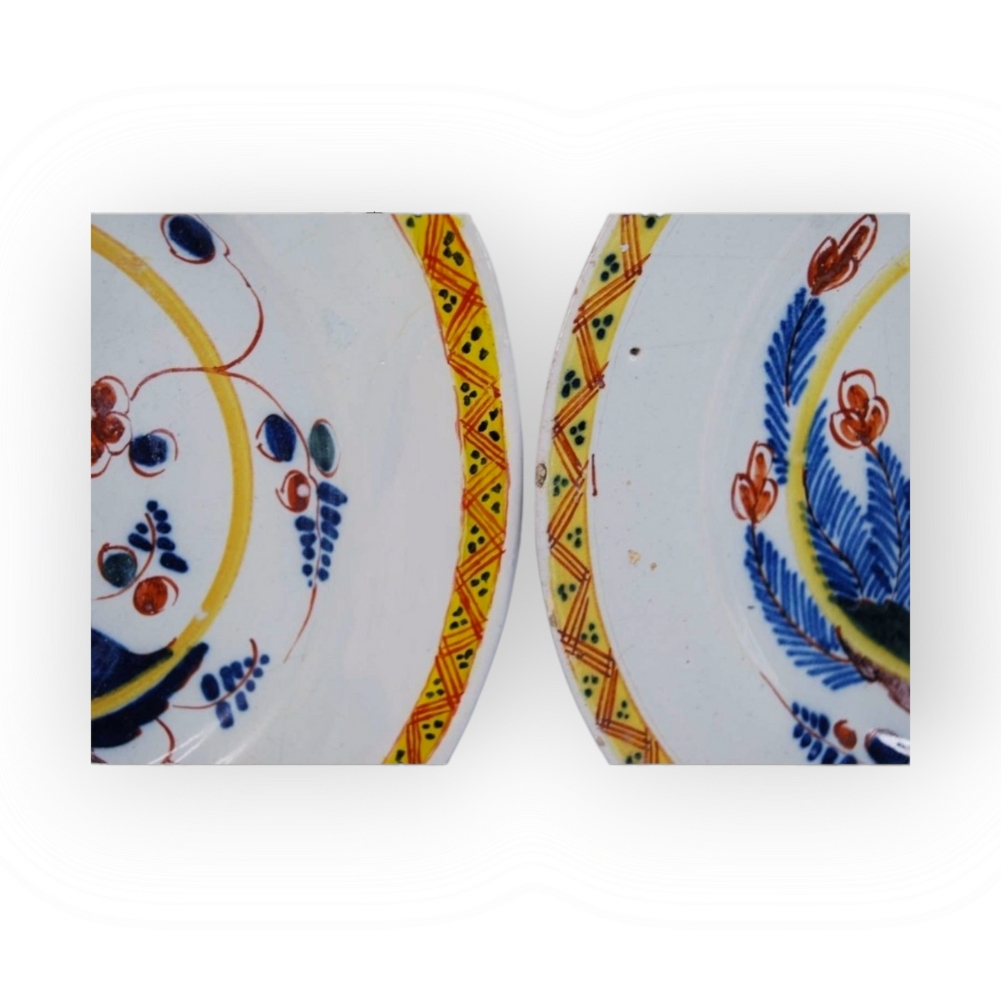 A pair of early 18th Century English antique polychrome delftware plates, attributed to Norfolk House Pottery, Lambeth, London, circa 1730