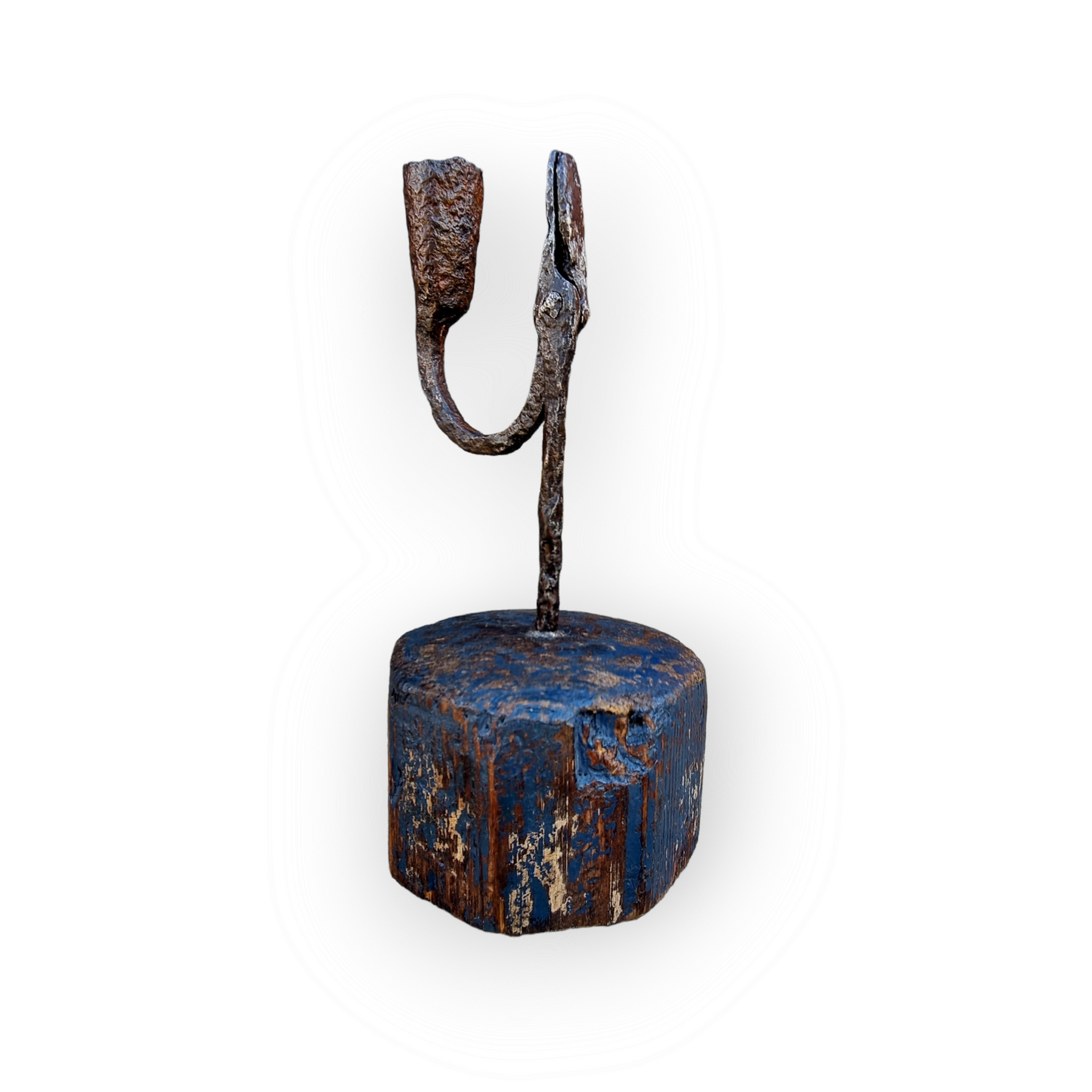 18th Century English Antique Rushlight On Original Blue-Painted Base