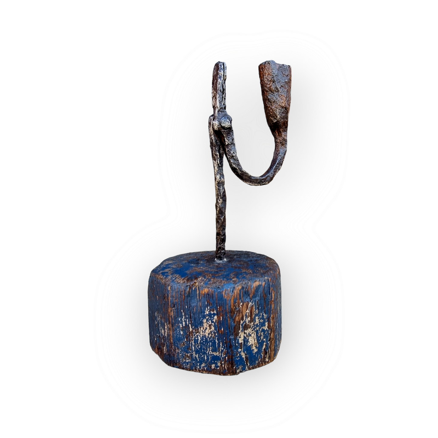18th Century English Antique Rushlight On Original Blue-Painted Base