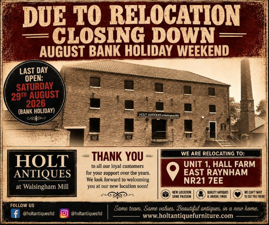 Holt Antiques relocation poster showing Walsingham Mill and new East Raynham address.