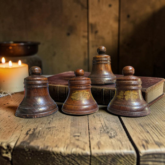 Set of Four Miniature Antique Carved Treen Bells,Turned From 17th Century Oak, from Chilvers Cotton Church, Warwickshire, With Literary Links to The Renowned Author, George Eliot