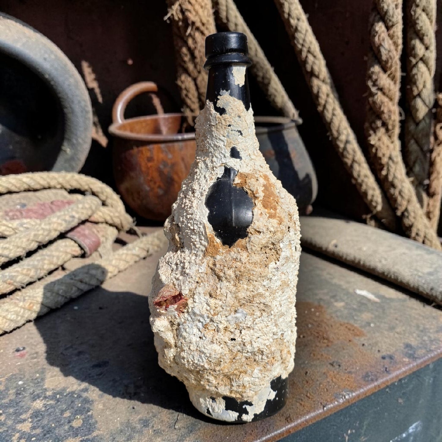 Shipwreck-Recovered English Antique Black Glass Cylinder Bottle with Marine Concretion, c.1840
