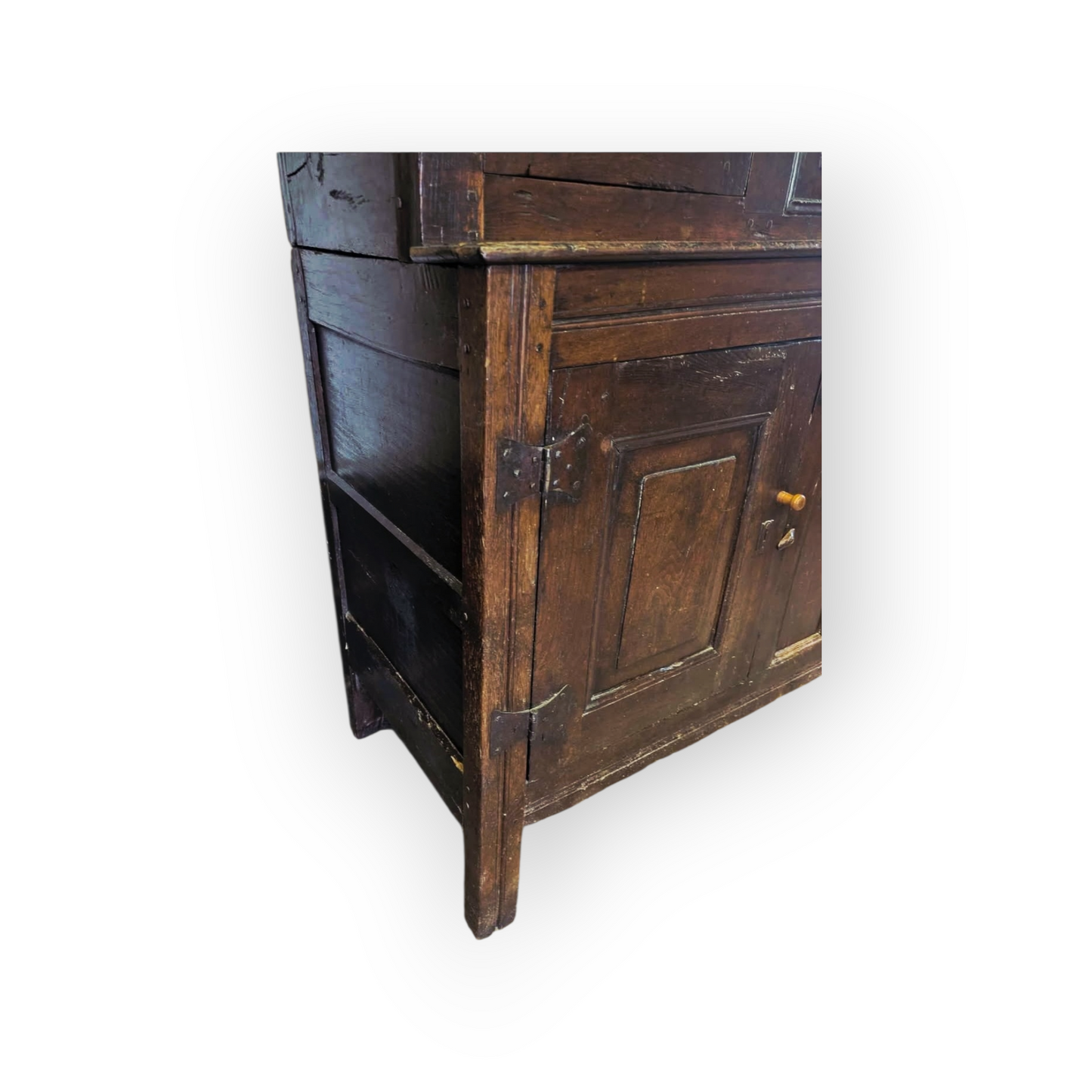 17th-Century English Antique Oak Court Cupboard of Small Proportions with Original Iron Butterfly Hinges