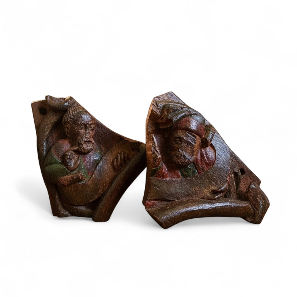 Rare Pair of 15th Century Antique Carved Oak Panels / Decorative Corner Spandrels, Saints in Original Polychrome