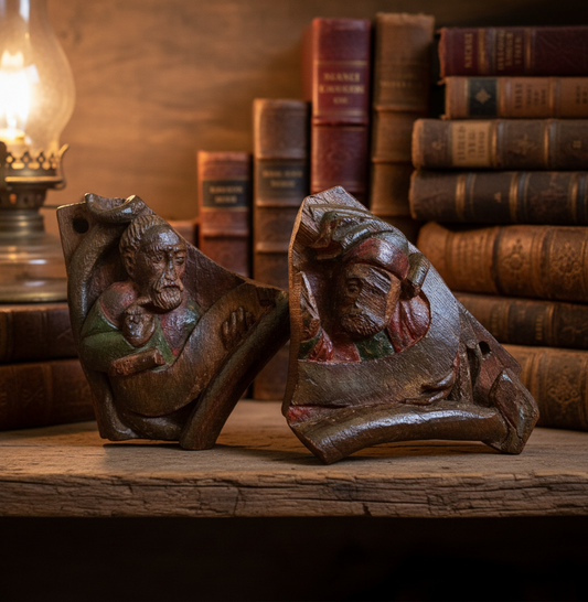 Rare Pair of 15th Century Antique Carved Oak Panels / Decorative Corner Spandrels, Saints in Original Polychrome