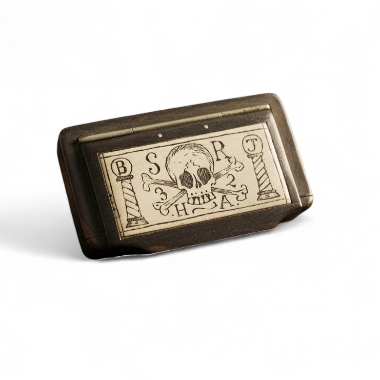 18th‑Century English Antique Tortoiseshell Masonic Snuff Box With Scrimshaw Decorated Memento Mori Lid