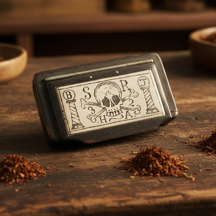 18th‑Century English Antique Tortoiseshell Masonic Snuff Box With Scrimshaw Decorated Memento Mori Lid