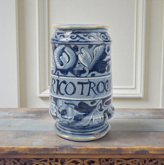 Late 17th‑Century Antique Faience Albarello Apothecary Jar – “PILL: ASARICOTROCSICA"”