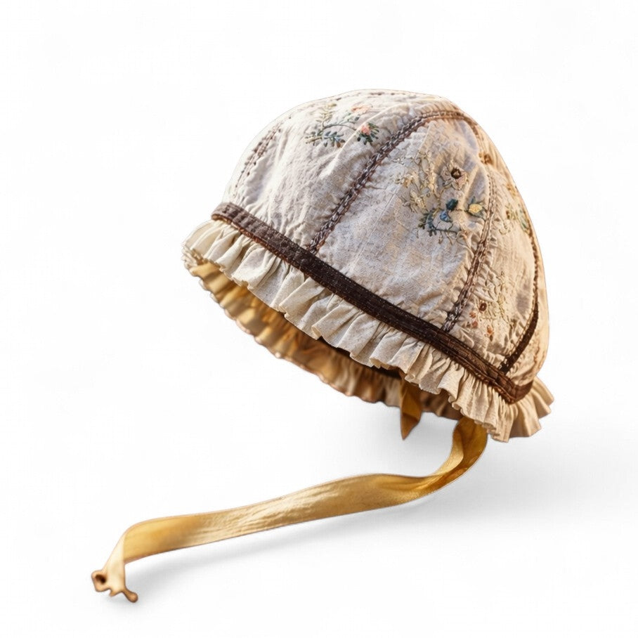 Rare 17thC English Antique Child's Bonnet with Floral & Foliate Embroidery