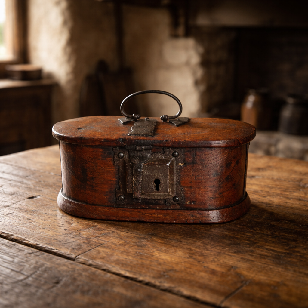 Early 17th‑Century Antique Bentwood Box with Original Iron Mounts & Carry Handle