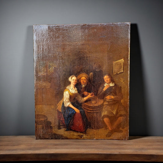 Attributed to Gillis Van Tilborg The Younger (1625-1678) - A 17th-Century Dutch School Antique Oil On Canvas Of An Interior Tavern Scene