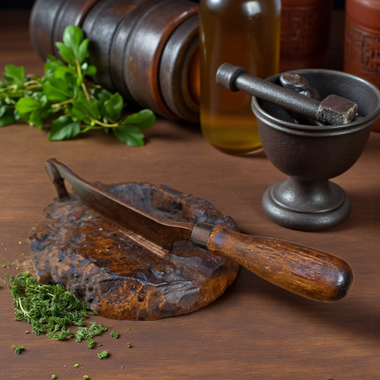 Late 18th Century Rustic Antique Herb Chopper With A Burr Wood Base