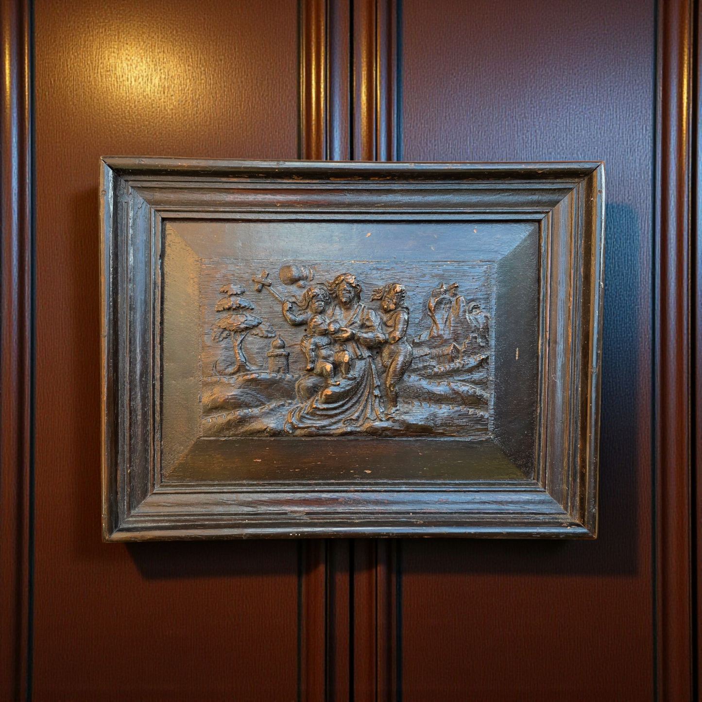 17th Century Antique Carved Oak Bas Relief Panel – Biblical Scene in Deep Relief
