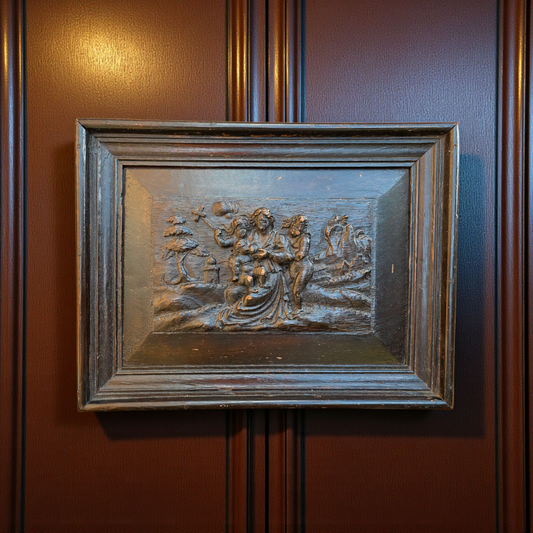 17th Century Antique Carved Oak Bas Relief Panel – Biblical Scene in Deep Relief